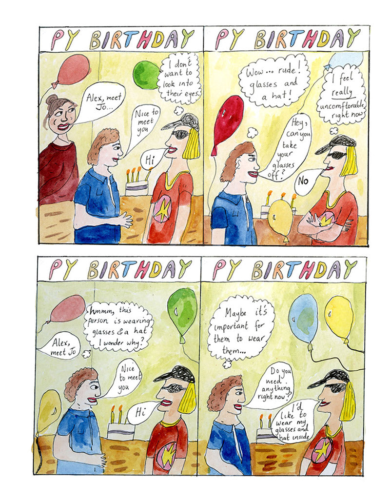A watercolour comic strip about a birthday party