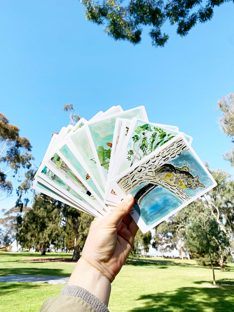 Hands holding a selection of illustrated cards up to the sky